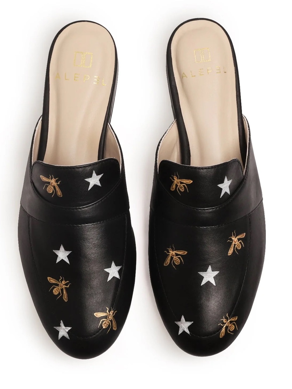 Alepel Metallic bees and stars black mule